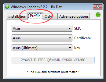 Вкладка Profile в Windows 7 Loader By Daz с настройками ключей