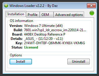 Интерфейс активатора Windows 7 Loader By Daz с основными вкладками
