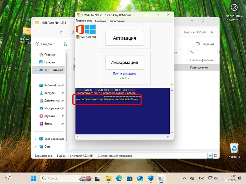 Интерфейс программы с отображением проблем активации Windows 11