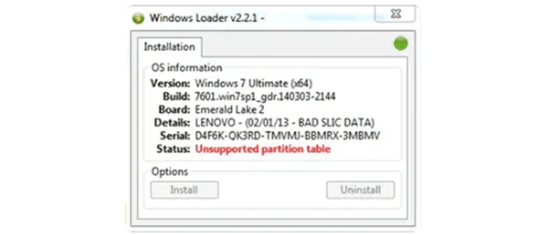 Unsupported partition table при активации Windows 7