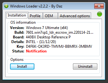 Интерфейс программы Windows 7 Loader By Daz