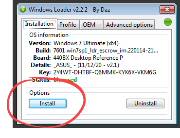 Процесс активации Windows 7 в программе Windows 7 Loader By Daz
